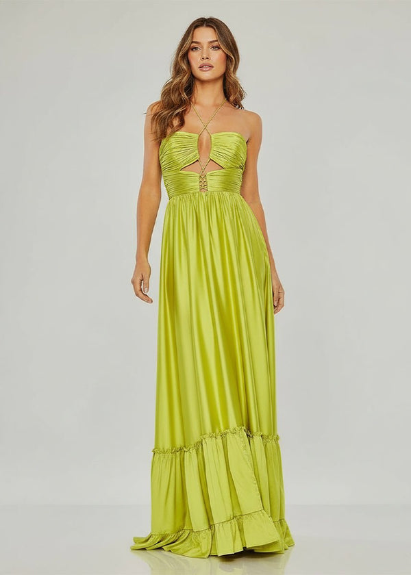 Criss-cross Chartreuse Ruched A-line Halter Sleeveless Long Prom Dress – Prom Dresses by KissProm | Available at KissProm