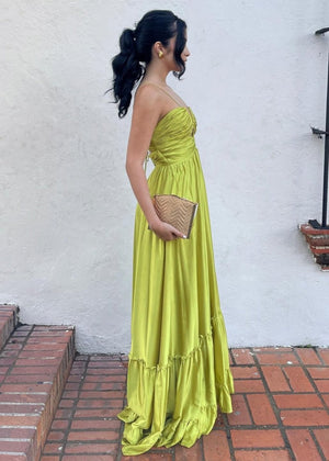 Criss-cross Chartreuse Ruched A-line Halter Sleeveless Long Prom Dress – Prom Dresses by KissProm | Available at KissProm