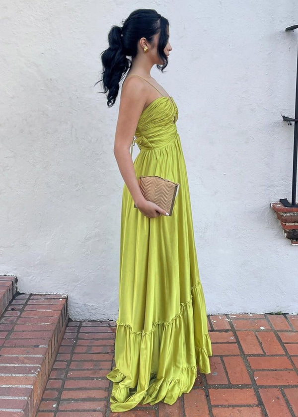 Criss-cross Chartreuse Ruched A-line Halter Sleeveless Long Prom Dress – Prom Dresses by KissProm | Available at KissProm