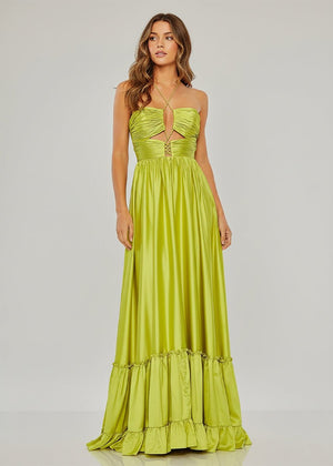 Criss-cross Chartreuse Ruched A-line Halter Sleeveless Long Prom Dress – Prom Dresses by KissProm | Available at KissProm