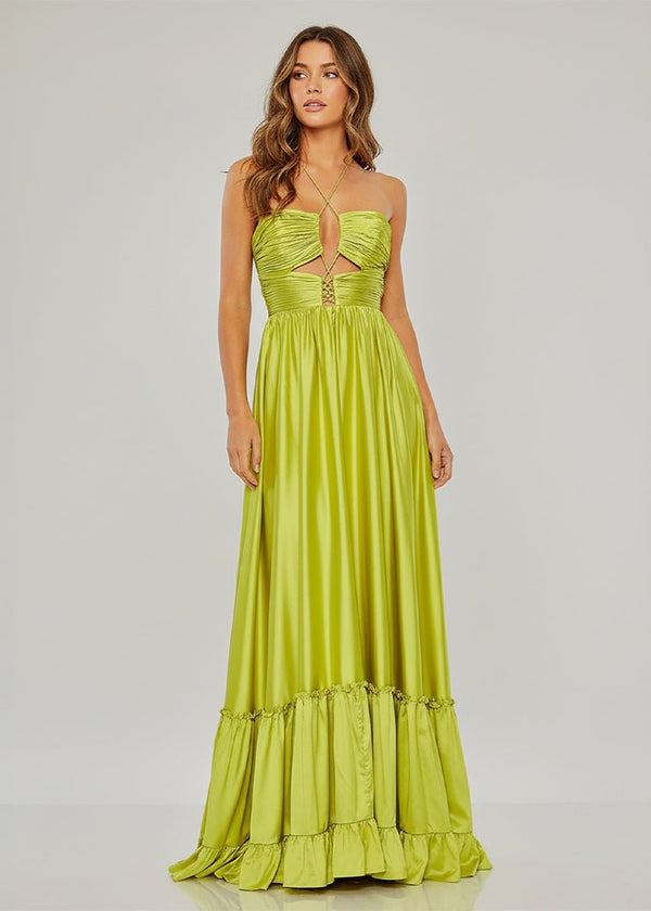 Criss-cross Chartreuse Ruched A-line Halter Sleeveless Long Prom Dress – Prom Dresses by KissProm | Available at KissProm