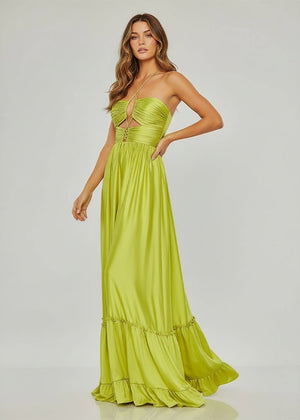 Criss-cross Chartreuse Ruched A-line Halter Sleeveless Long Prom Dress – Prom Dresses by KissProm | Available at KissProm