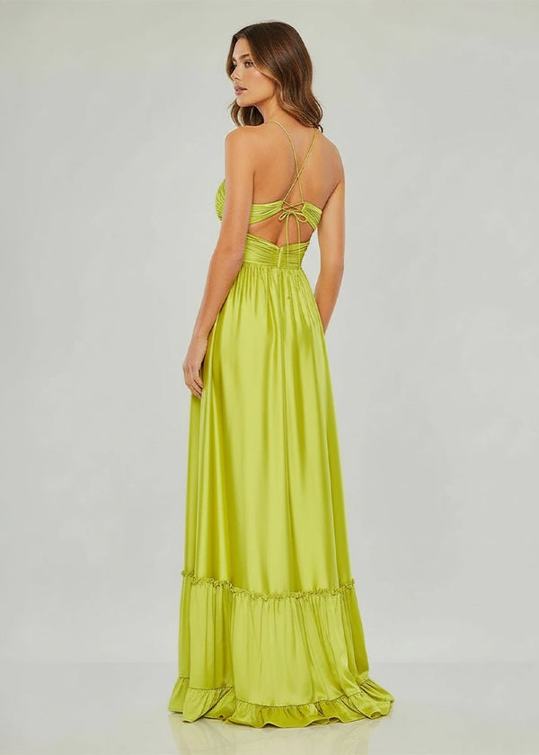 Criss-cross Chartreuse Ruched A-line Halter Sleeveless Long Prom Dress – Prom Dresses by KissProm | Available at KissProm