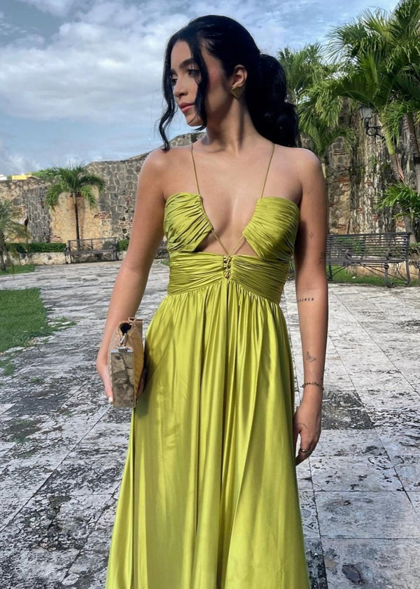 Criss-cross Chartreuse Ruched A-line Halter Sleeveless Long Prom Dress – Prom Dresses by KissProm | Available at KissProm