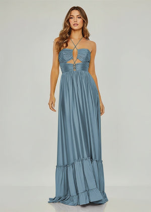 Criss-cross Chartreuse Ruched A-line Halter Sleeveless Long Prom Dress – Prom Dresses by KissProm | Available at KissProm