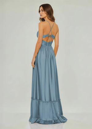 Criss-cross Chartreuse Ruched A-line Halter Sleeveless Long Prom Dress – Prom Dresses by KissProm | Available at KissProm