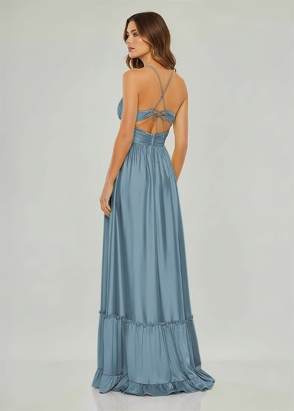 Criss-cross Chartreuse Ruched A-line Halter Sleeveless Long Prom Dress – Prom Dresses by KissProm | Available at KissProm