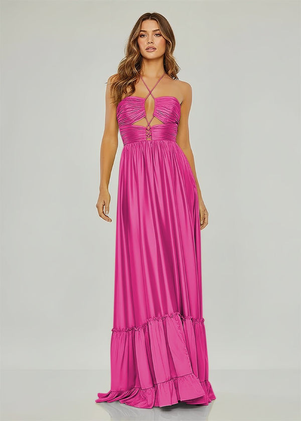 Criss-cross Chartreuse Ruched A-line Halter Sleeveless Long Prom Dress – Prom Dresses by KissProm | Available at KissProm