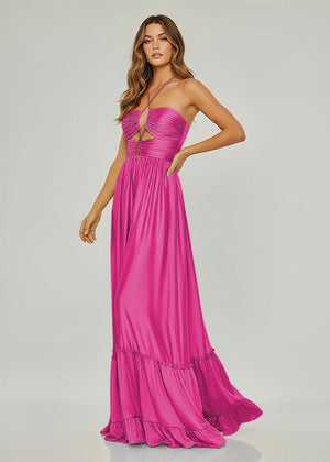 Criss-cross Chartreuse Ruched A-line Halter Sleeveless Long Prom Dress – Prom Dresses by KissProm | Available at KissProm
