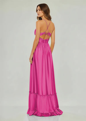 Criss-cross Chartreuse Ruched A-line Halter Sleeveless Long Prom Dress – Prom Dresses by KissProm | Available at KissProm