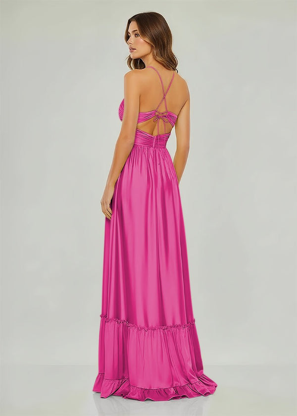Criss-cross Chartreuse Ruched A-line Halter Sleeveless Long Prom Dress – Prom Dresses by KissProm | Available at KissProm