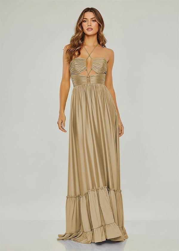 Criss-cross Chartreuse Ruched A-line Halter Sleeveless Long Prom Dress – Prom Dresses by KissProm | Available at KissProm