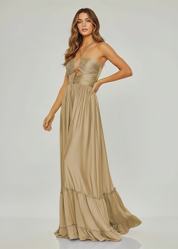 Criss-cross Chartreuse Ruched A-line Halter Sleeveless Long Prom Dress – Prom Dresses by KissProm | Available at KissProm