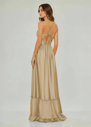 Criss-cross Chartreuse Ruched A-line Halter Sleeveless Long Prom Dress – Prom Dresses by KissProm | Available at KissProm