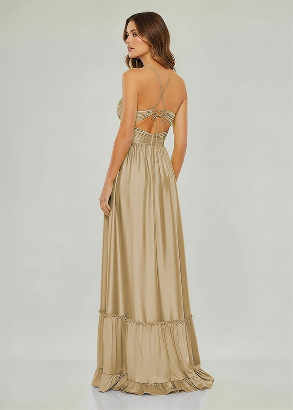 Criss-cross Chartreuse Ruched A-line Halter Sleeveless Long Prom Dress – Prom Dresses by KissProm | Available at KissProm