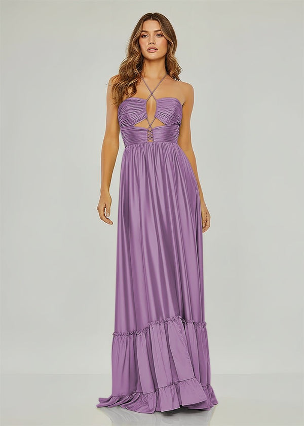 Criss-cross Chartreuse Ruched A-line Halter Sleeveless Long Prom Dress – Prom Dresses by KissProm | Available at KissProm