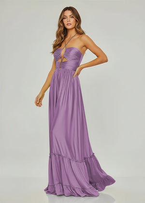 Criss-cross Chartreuse Ruched A-line Halter Sleeveless Long Prom Dress – Prom Dresses by KissProm | Available at KissProm