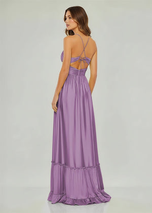 Criss-cross Chartreuse Ruched A-line Halter Sleeveless Long Prom Dress – Prom Dresses by KissProm | Available at KissProm