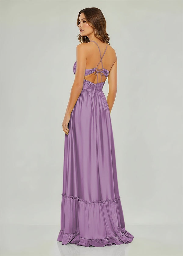 Criss-cross Chartreuse Ruched A-line Halter Sleeveless Long Prom Dress – Prom Dresses by KissProm | Available at KissProm