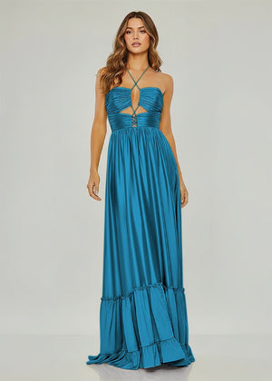 Criss-cross Chartreuse Ruched A-line Halter Sleeveless Long Prom Dress – Prom Dresses by KissProm | Available at KissProm