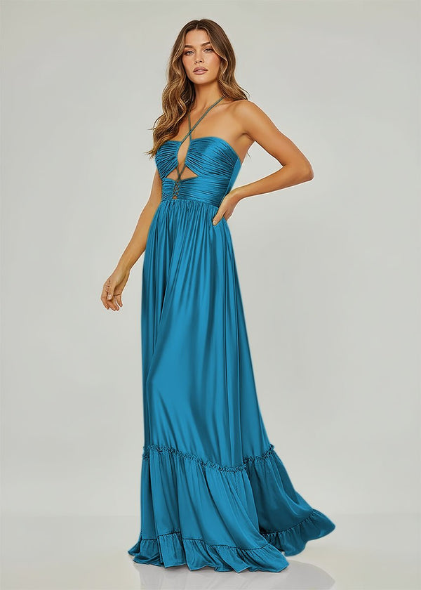 Criss-cross Chartreuse Ruched A-line Halter Sleeveless Long Prom Dress – Prom Dresses by KissProm | Available at KissProm
