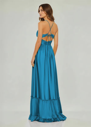 Criss-cross Chartreuse Ruched A-line Halter Sleeveless Long Prom Dress – Prom Dresses by KissProm | Available at KissProm