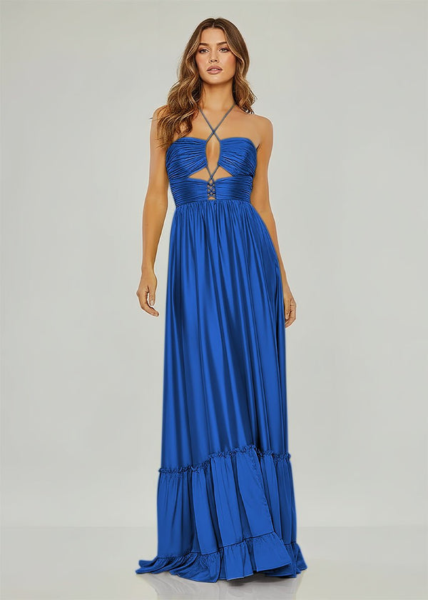 Criss-cross Chartreuse Ruched A-line Halter Sleeveless Long Prom Dress – Prom Dresses by KissProm | Available at KissProm