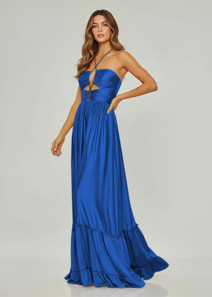 Criss-cross Chartreuse Ruched A-line Halter Sleeveless Long Prom Dress – Prom Dresses by KissProm | Available at KissProm