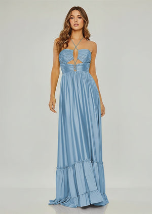 Criss-cross Chartreuse Ruched A-line Halter Sleeveless Long Prom Dress – Prom Dresses by KissProm | Available at KissProm