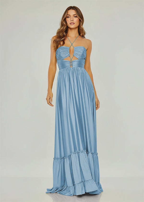 Criss-cross Chartreuse Ruched A-line Halter Sleeveless Long Prom Dress – Prom Dresses by KissProm | Available at KissProm