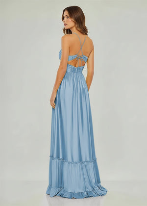 Criss-cross Chartreuse Ruched A-line Halter Sleeveless Long Prom Dress – Prom Dresses by KissProm | Available at KissProm