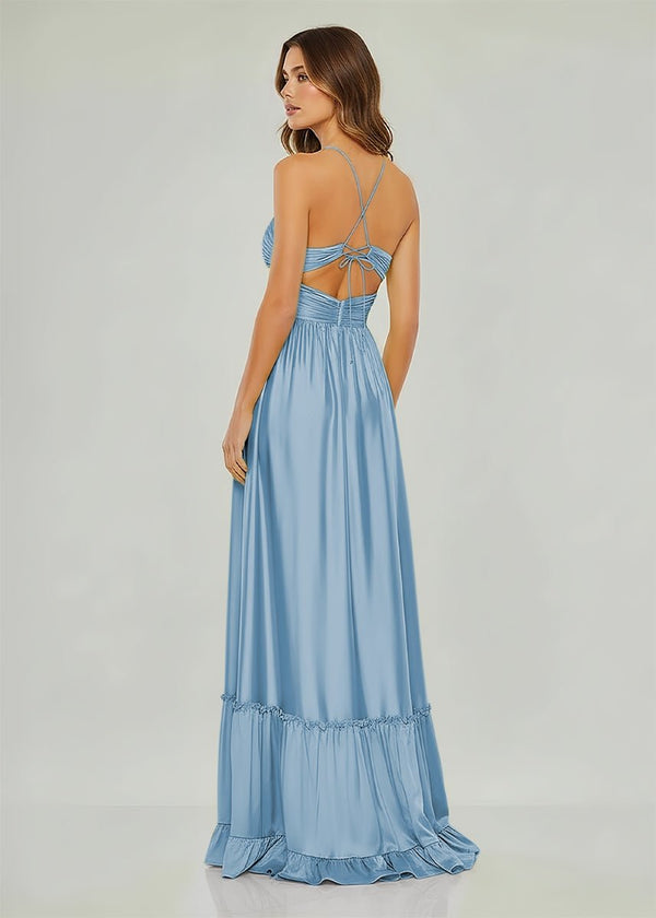 Criss-cross Chartreuse Ruched A-line Halter Sleeveless Long Prom Dress – Prom Dresses by KissProm | Available at KissProm