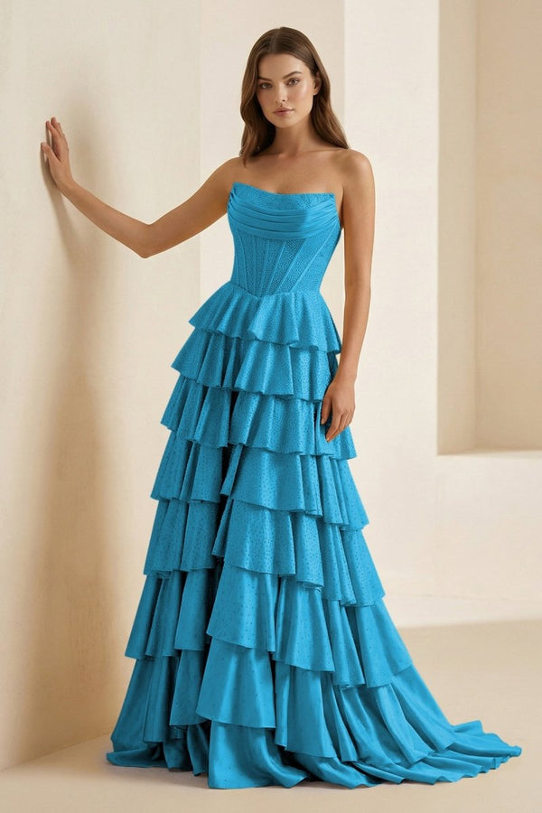 Casmira | Gold - Strapless A Line Satin Ruffled Long Formal Prom Dresses With Beading - KissProm