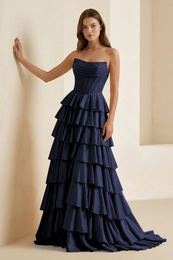 Casmira | Gold - Strapless A Line Satin Ruffled Long Formal Prom Dresses With Beading - KissProm