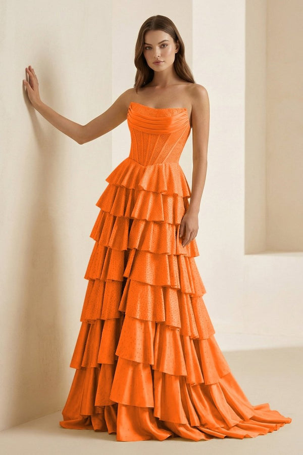 Casmira | Gold - Strapless A Line Satin Ruffled Long Formal Prom Dresses With Beading - KissProm
