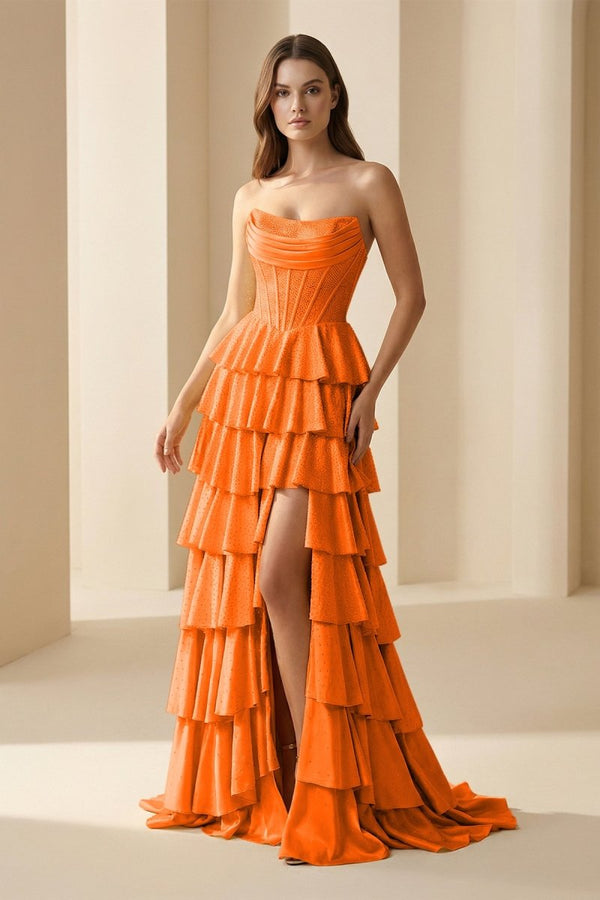 Casmira | Gold - Strapless A Line Satin Ruffled Long Formal Prom Dresses With Beading - KissProm
