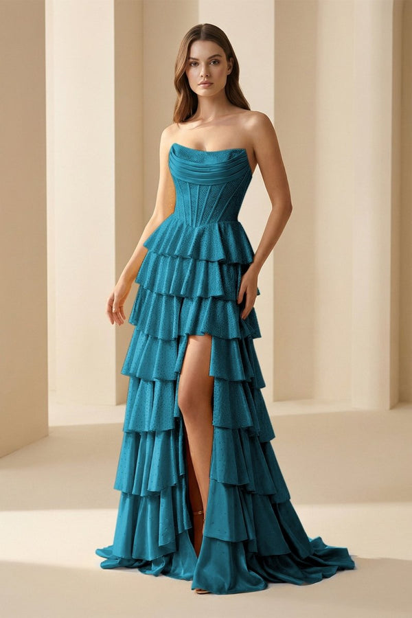 Casmira | Gold - Strapless A Line Satin Ruffled Long Formal Prom Dresses With Beading - KissProm