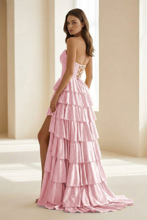 Casmira | Gold - Strapless A Line Satin Ruffled Long Formal Prom Dresses With Beading - KissProm