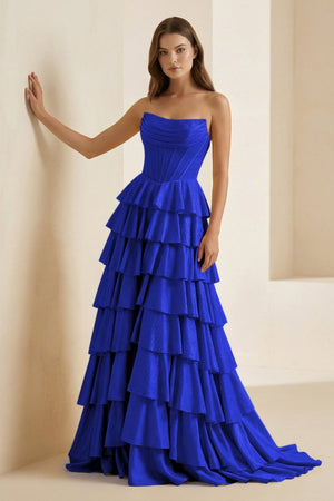 Casmira | Gold - Strapless A Line Satin Ruffled Long Formal Prom Dresses With Beading - KissProm
