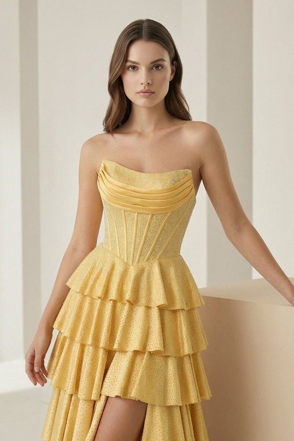 Casmira | Yellow - Strapless A Line Satin Ruffled Long Formal Prom Dresses With Beading-KissProm