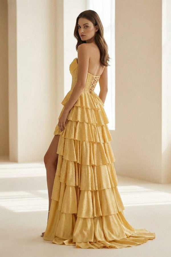 Casmira | Yellow - Strapless A Line Satin Ruffled Long Formal Prom Dresses With Beading-KissProm