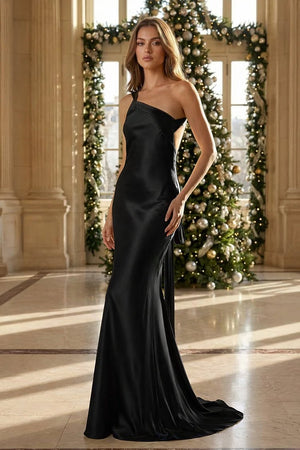 Yellow - One Shoulder Sheath Satin Backless Long Prom Dresses - KissProm