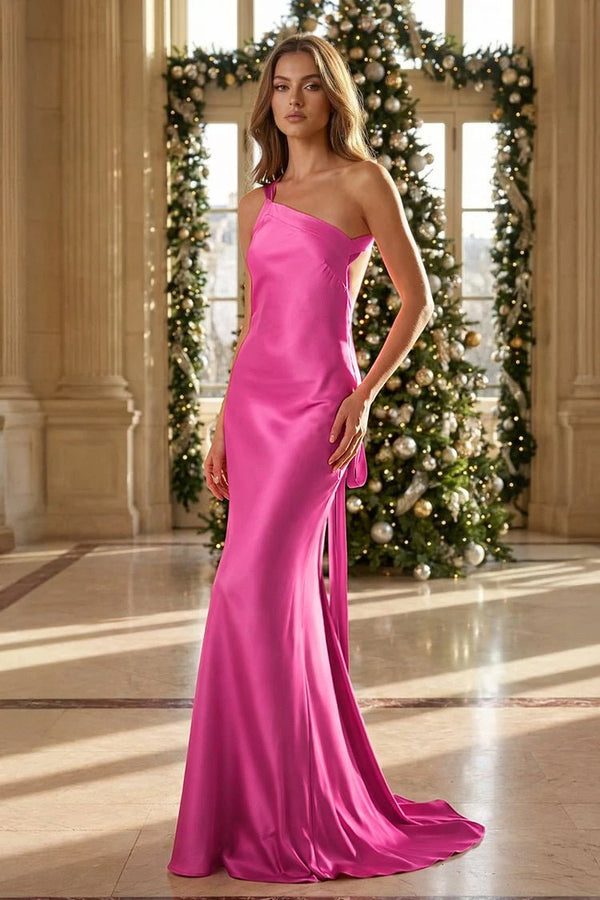 Yellow - One Shoulder Sheath Satin Backless Long Prom Dresses - KissProm