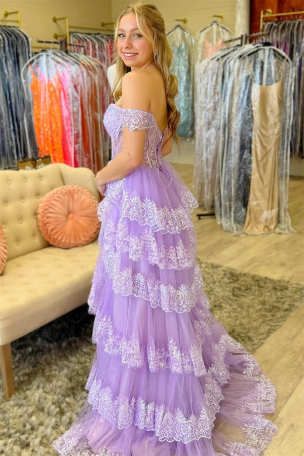 Pink Sequin Appliques Off-the-Shoulder Ruffle Tiered Long Gown – Prom Dresses by KissProm | Available at KissProm