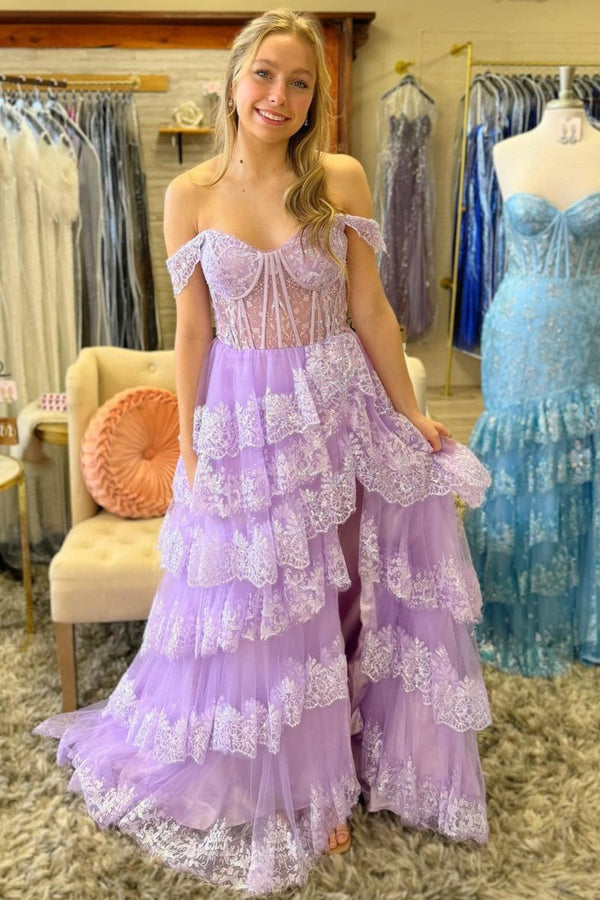 Pink Sequin Appliques Off-the-Shoulder Ruffle Tiered Long Gown – Prom Dresses by KissProm | Available at KissProm