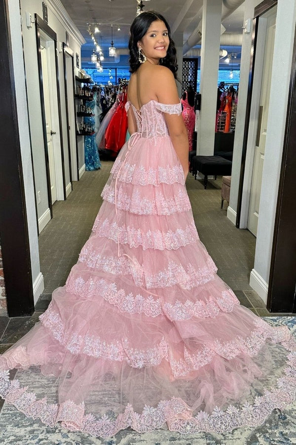 Pink Sequin Appliques Off-the-Shoulder Ruffle Tiered Long Gown – Prom Dresses by KissProm | Available at KissProm