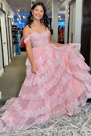 Pink Sequin Appliques Off-the-Shoulder Ruffle Tiered Long Gown – Prom Dresses by KissProm | Available at KissProm