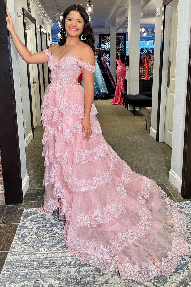 Pink Sequin Appliques Off-the-Shoulder Ruffle Tiered Long Gown – Prom Dresses by KissProm | Available at KissProm