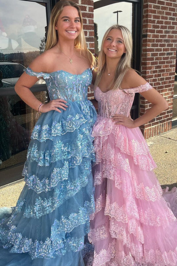 Pink Sequin Appliques Off-the-Shoulder Ruffle Tiered Long Gown – Prom Dresses by KissProm | Available at KissProm
