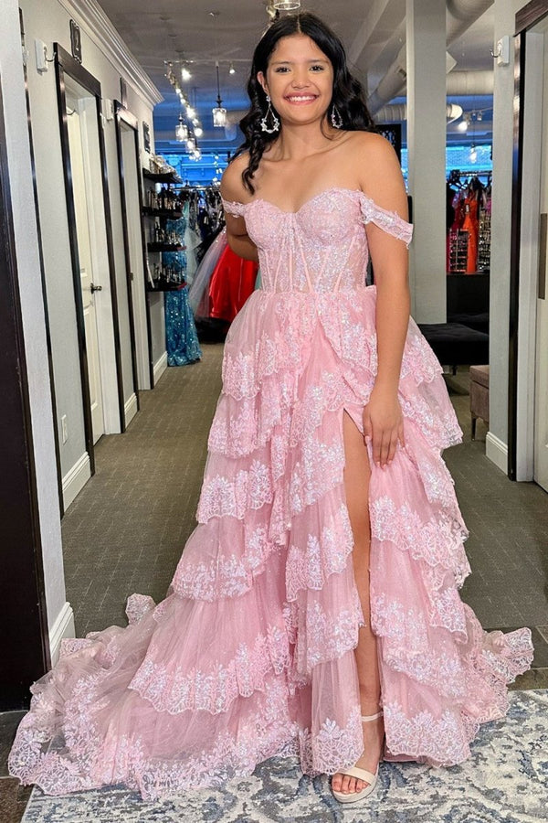 Pink Sequin Appliques Off-the-Shoulder Ruffle Tiered Long Gown – Prom Dresses by KissProm | Available at KissProm